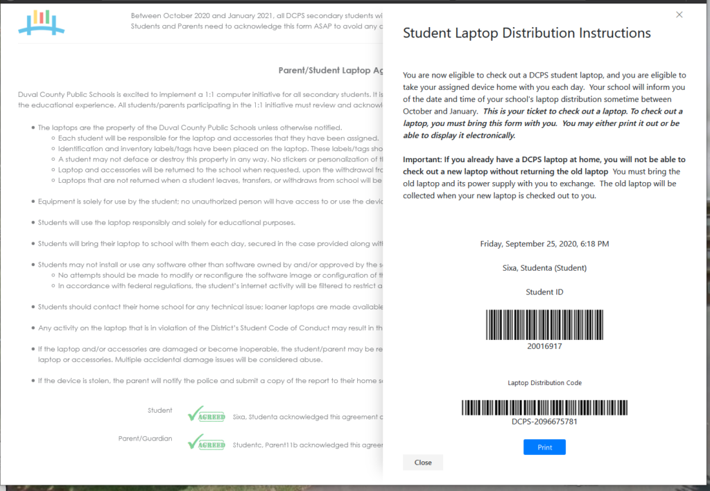 Screen shot of laptop agreement form