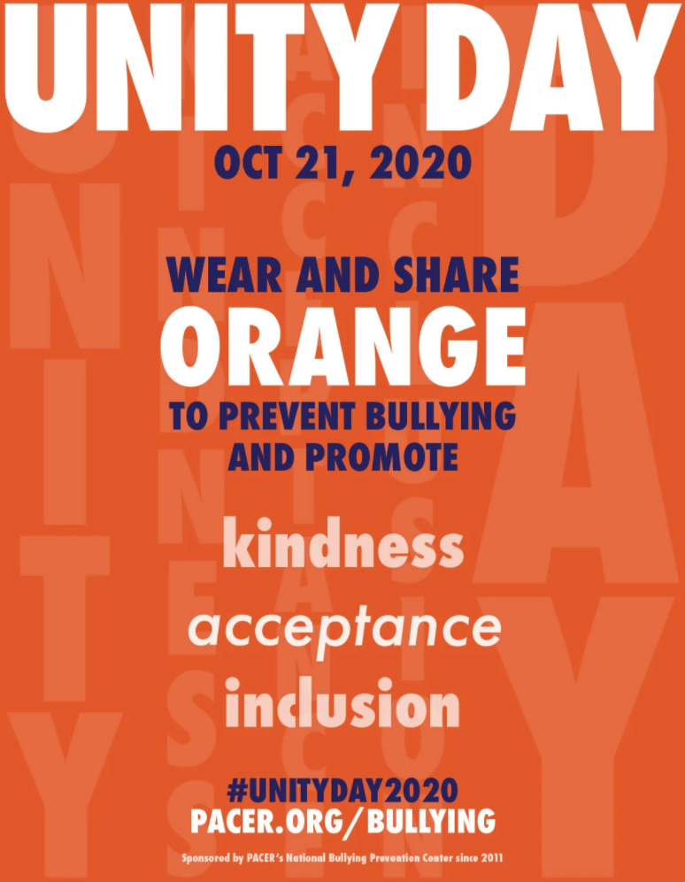 Unity Day - Oct. 21, 2020. Wear and share orange to prevent bullying