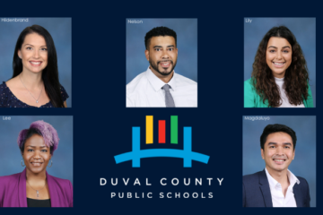 Duval County Public Schools logo. Photo of each finalist accompanied by their last name.