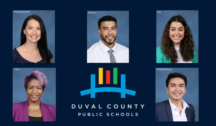 Duval County Public Schools logo. Photo of each finalist accompanied by their last name.