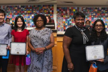 Kristi Biswas, Emma Lee, Eric Lee, with Superintendent and Principals