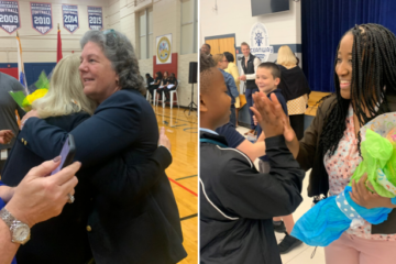 Side-by-side photos of the principal and assistant principal of the year being celebrated during the prize patrol