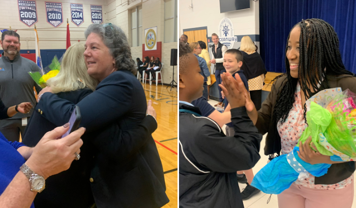 Side-by-side photos of the principal and assistant principal of the year being celebrated during the prize patrol