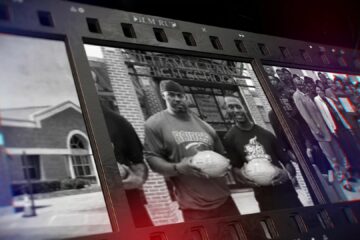 Screenshot of a film reel graphic that shows historical Raines and Ribault photos.