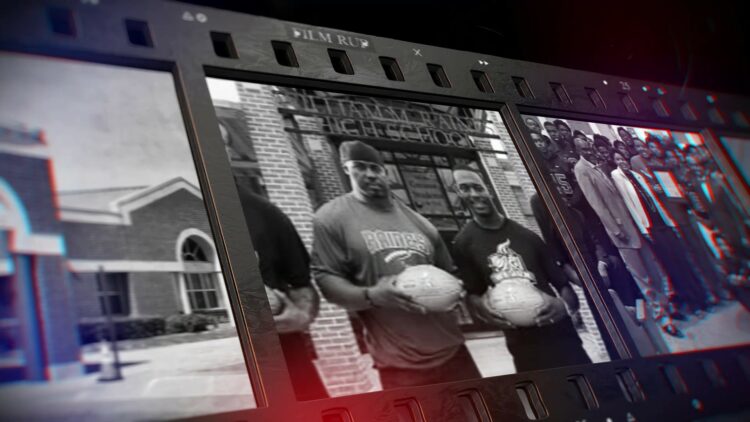 Screenshot of a film reel graphic that shows historical Raines and Ribault photos.
