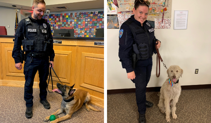 Side by side shots of K9 officers Maverick and LEO with their handlers.